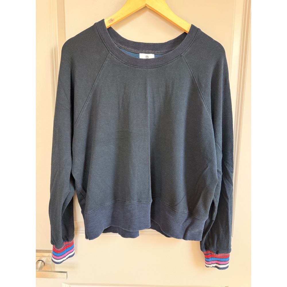 Sundry Navy Blue Raglan Sweatshirt Striped Cuffs Size 3 L Made in USA Pullover